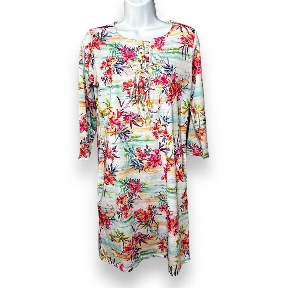 Caribbean Joe Floral Lace-Up Swim Cover Up Dress Tropical Floral Pullover Small